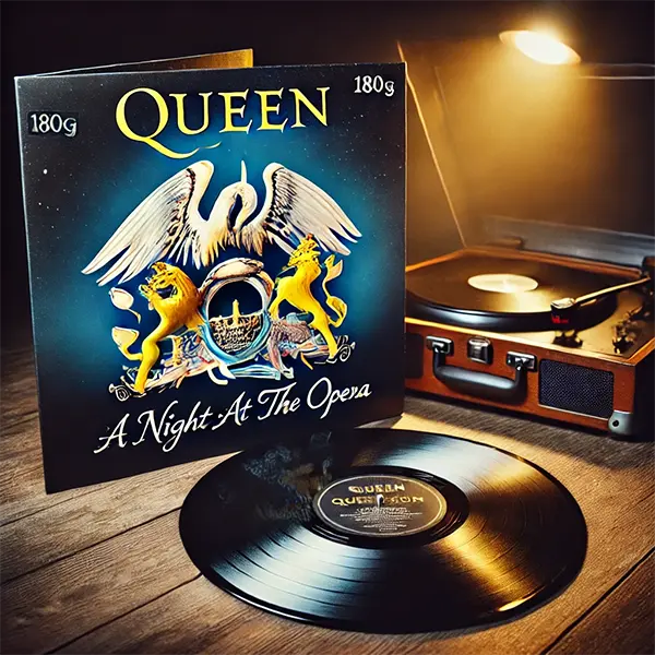 Disco de vinilo A Night at the Opera de Queen sobre mesa de madera con portada original y tocadiscos vintage