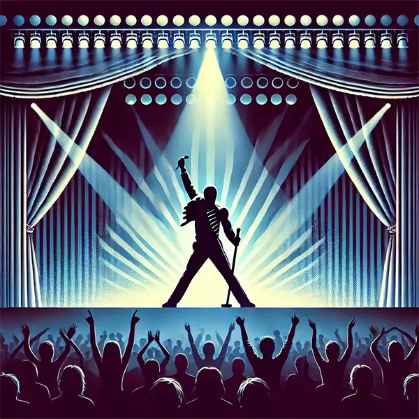 Silueta de cantante en escenario con luces teatrales y público animado, inspirado en Queen