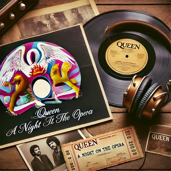 Composición con disco de vinilo, entradas de conciertos, foto de Queen y auriculares retro