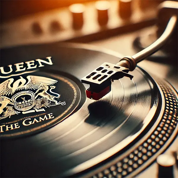 Aguja tocando el vinilo The Game de Queen en tocadiscos clásico