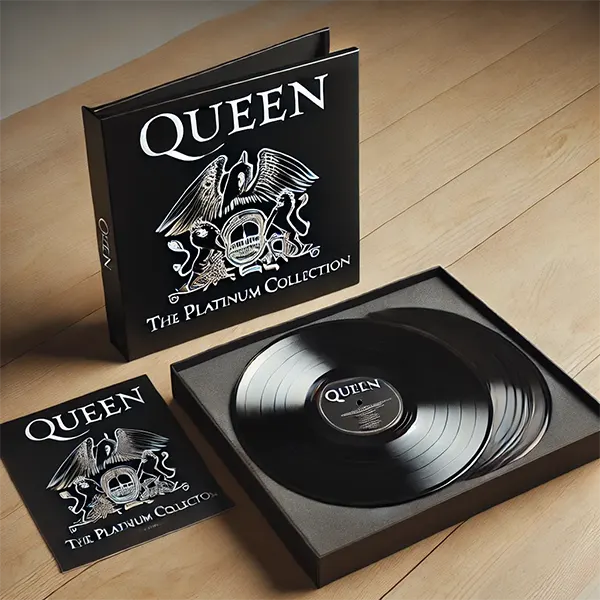 Vinilo estilo Queen The Platinum Collection abierto sobre mesa de madera