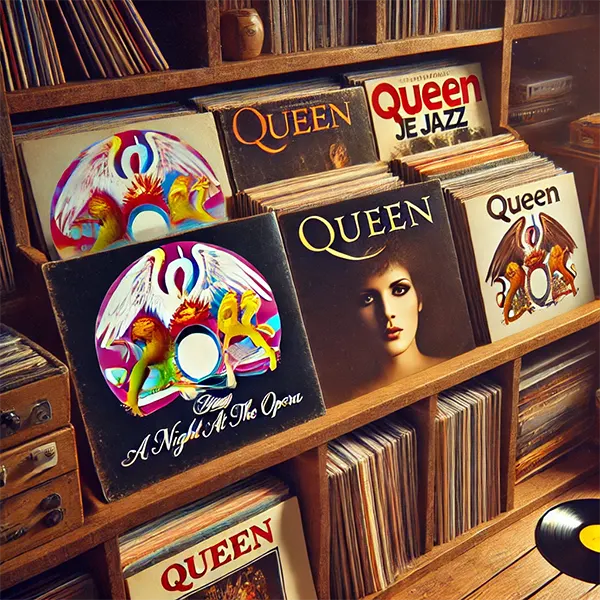 Estantería de madera con vinilos de Queen, destacando The Game