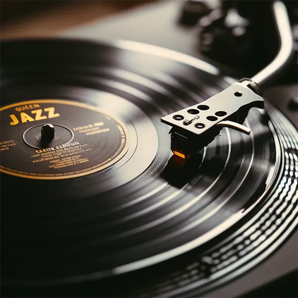 Detalle del disco Jazz de Queen reproduciéndose en un tocadiscos con luz cálida