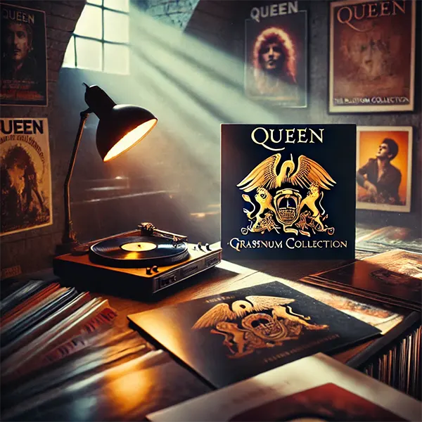 Sala con luz cálida y vinilo Queen The Platinum Collection en soporte