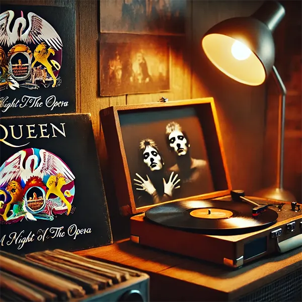 Tocadiscos vintage con discos de vinilo de Queen y luz cálida