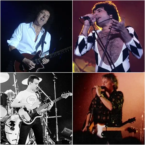 Collage de imágenes de Queen actuando en diferentes conciertos