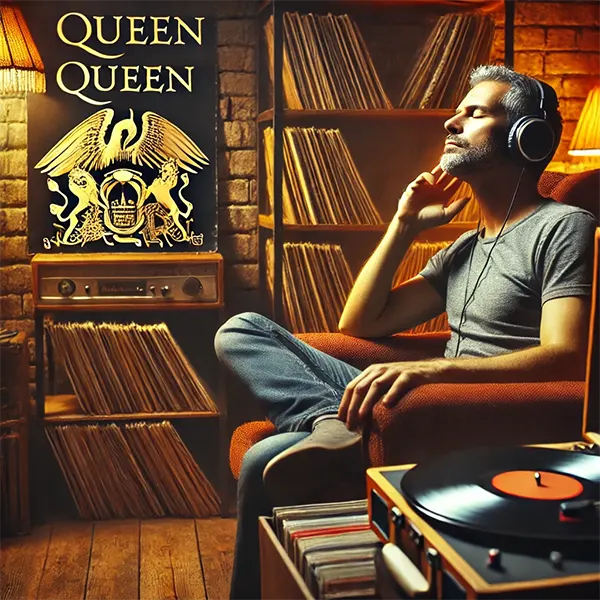 Hombre escuchando un disco de Queen en tocadiscos vintage, ambiente cálido y emocional