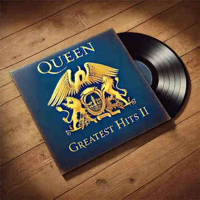 Carátula azul con escudo dorado de Queen en el vinilo Greatest Hits II