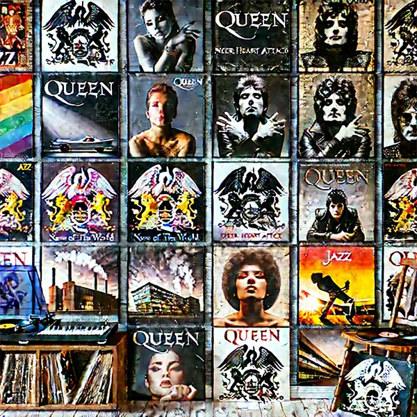 Collage en pared con portadas de álbumes de Queen en vinilo