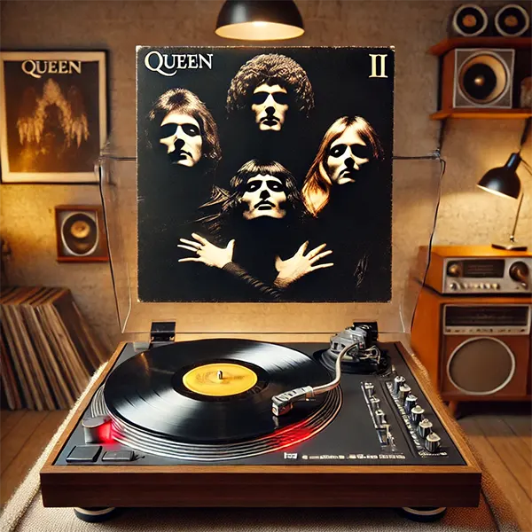 Tocadiscos con el vinilo Queen II girando, ambientado en un salón vintage con luz cálida