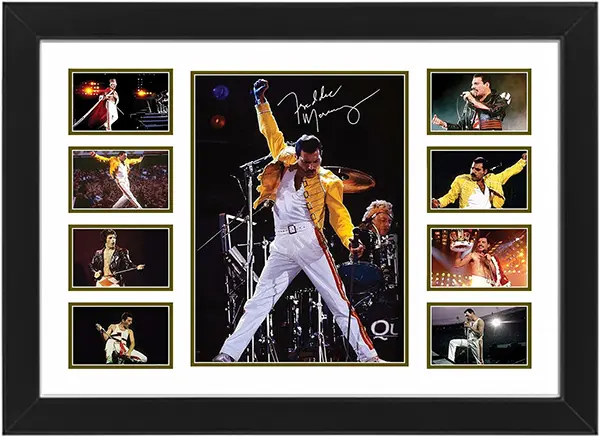 Freddie Mercury cantando en un escenario iluminado durante una presentación en vivo de Queen