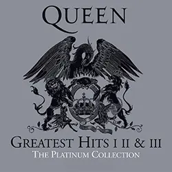 Diseño inspirado en la portada del box set Queen The Platinum Collection, con fondo negro y tipografía elegante