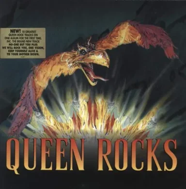 Portada del disco Queen Rocks en vinilo con fondo oscuro y letras doradas