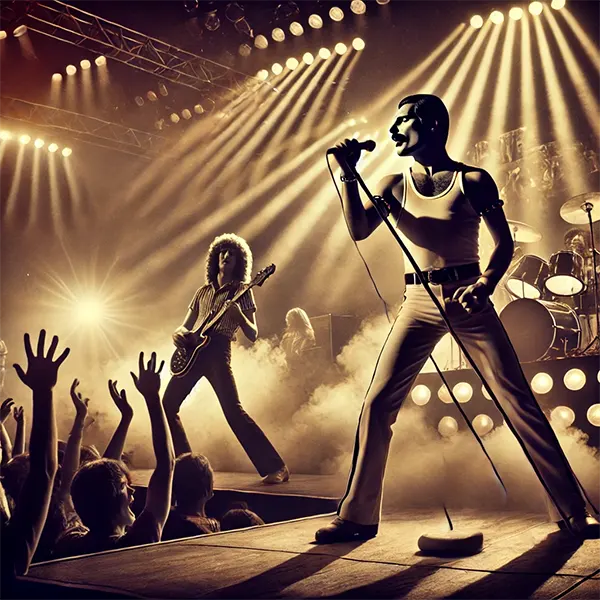 Freddie Mercury y Brian May actuando bajo luces dramáticas con el público de fondo