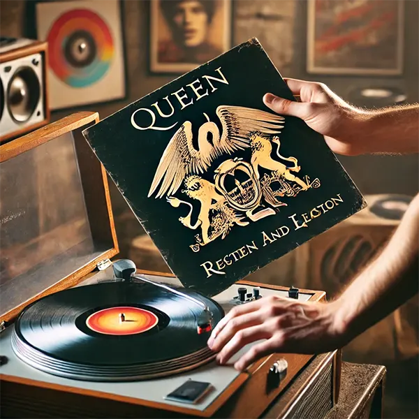 Manos colocando un vinilo de Queen en un tocadiscos retro