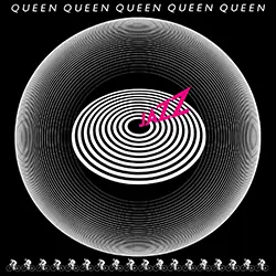Portada original del disco Jazz de Queen en vinilo, con fondo blanco y tipografía negra