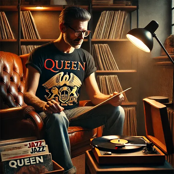 Hombre escuchando vinilo de Queen Jazz en un salón retro con estantería llena de discos