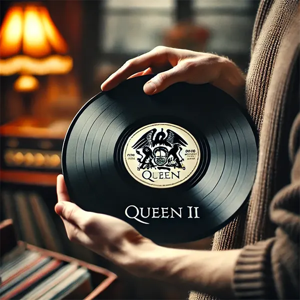 Primer plano de un coleccionista sujetando el vinilo Queen II con cuidado
