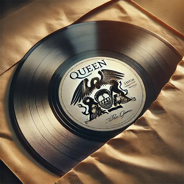Vinilo The Game de Queen saliendo de su funda de diseño plateado