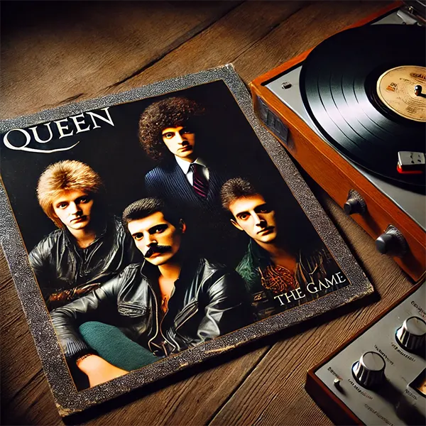 Vinilo The Game de Queen junto a tocadiscos clásico en mesa de madera