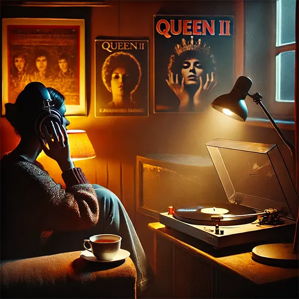 Persona escuchando vinilos con auriculares en una escena nocturna acogedora