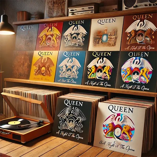 Estantería con vinilos clásicos de Queen, incluyendo Queen II
